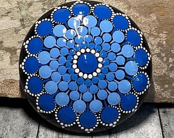 Hand Painted Mandala Stone: Shades of Blue Dot Art, Boho Decor