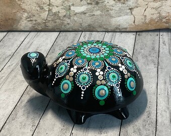 Dot Mandala Stone, Turtle Figurine, Hand Painted, Dot Art, Painted Rock, Shades of Blue, Beige & Green, Table Top/Desk Top Decor, Boho Decor