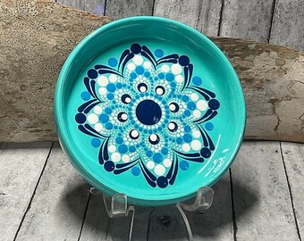 3” Hand Painted Dot Mandala Trinket or Ring Dish, Jewelry Tray, Blue, Mint Green & White, Beach, Topical Colors