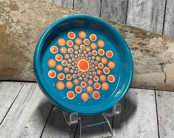 3” Hand Painted Dot Mandala Trinket or Ring Dish, Jewelry Tray, Coral & Turquoise Mandala Swirl