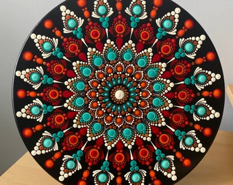 Hand Painted Dot Mandala 12 Inch Lazy Susan Turntable. Boho Art, Home Decor, Shades of Red, Orange, Teal & Beige