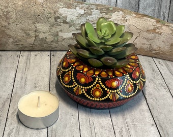 Mandala Dot Painted Angled Tea Light Holder, Artificial Succulent Holder, Shades of Orange, Yellow & Brown, Boho Decor