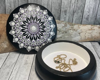 Mandala Dot Hand Painted Jewelry Box, Knick Knack Box, Trinket Box, Boho, Eclectic, Metallic White Design with Purple 3D Highlights on Black