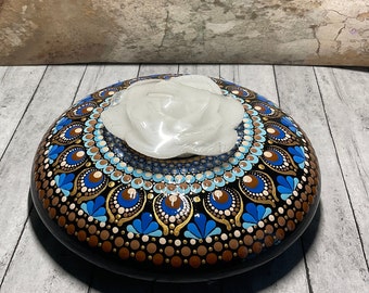 XL Mandala Dot Art Tea Light Holder, Hand Painted, Dot Art, Painted Rock, Shades of Blues and Browns with Gold Highlights, Boho, Eclectic