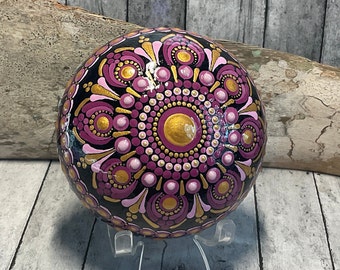 Dome Style Mandala Stone, Hand Painted, Dot Art, Painted Rock, Shades of Plum With Gold Highlights, Boho Stone, Meditation Stone