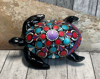 Sea Turtle Mandala Stone Figurine, Hand Painted, Dot Art, Painted Rock, Metallic Purple,Red, & Aqua, Boho, Eclectic, Turtle Lover