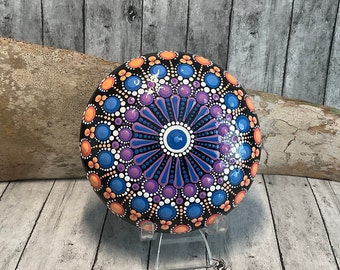 Medium Dot Mandala Stone, Hand Painted, Dot Art, Painted Rock, Shades of Purple, Blue, Coral & White, Paperweight, Boho Stone