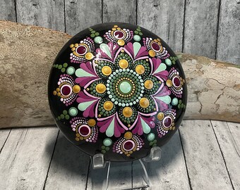 Medium Dot Mandala Stone, Hand Painted, Dot Art, Painted Rock, Shades of Plum, Green With Gold Highlights, Boho Stone, Meditation Stone