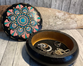 Mandala Dot Hand Painted Jewelry Box, Knick Knack Box, Trinket Box, Boho, Eclectic, Teal Green, Coral Pink with Gold Highlights on Black