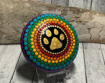 Small Mandala Stone, Hand Painted, Dot Mandala Stone, Pet Memorial Paw Print Stone, Rainbow Bridge, Pet Remembrance