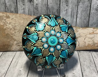 Medium Hand Painted Dot Mandala Stone, Painted Rock, Metallic Shades of Teal, Gold & White, Boho Stone, Home Decor, Paperweight, Meditation