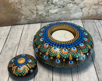 Mandala Dot Art Tea Light Holder, Hand Painted, Dot Art, Painted Rock, Peacock Inspired Palette, Boho, Eclectic,  Metallic