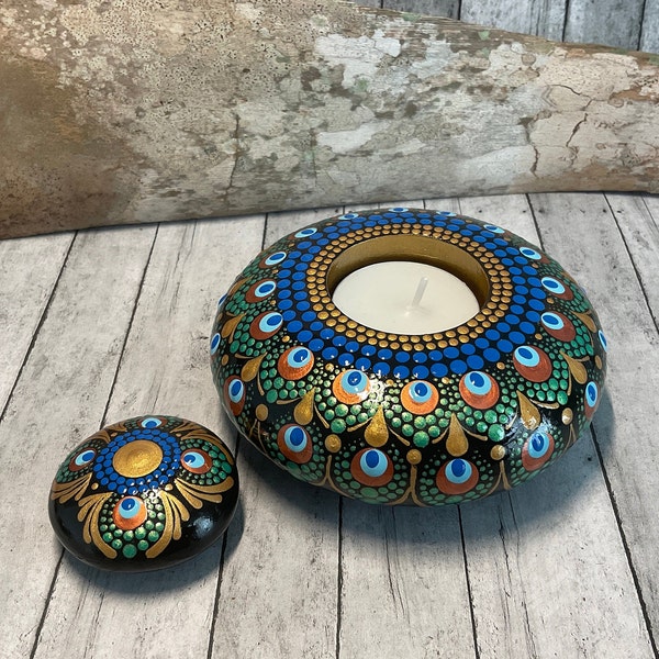 Mandala Dot Art Tea Light Holder, Hand Painted, Dot Art, Painted Rock, Peacock Inspired Palette, Boho, Eclectic,  Metallic