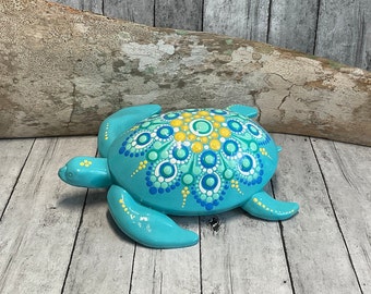 Sea Turtle Mandala Stone Figurine, Hand Painted, Dot Art, Painted Rock, Sea Aqua, Sea Blue & Yellow, Boho, Eclectic, Turtle Lover