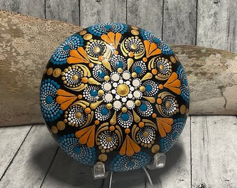 Medium Dot Mandala Stone, Hand Painted, Dot Art, Painted Rock, Shades of Blue with Burnt Orange & Gold, Paperweight, Boho Stone