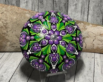 Medium Dot Mandala Stone, Hand Painted, Dot Art, Painted Rock, Shades of Purple & Green with Pearlescent 3D Highlights, Boho Stone, Eclectic