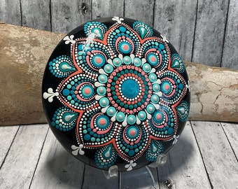 Large Mandala Stone, Hand Painted, Dot Art Mandala, Painted Rock, Boho Stone, Shades of Blues, Teals, & Coral with Pearlescent 3D Top Dots