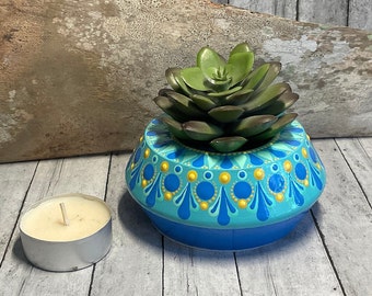 Mandala Dot Painted Angled Tea Light Holder, Artificial Succulent Holder, Dot Art, Shades of SeaAqua, Blue & Yellow, Boho,  Eclectic