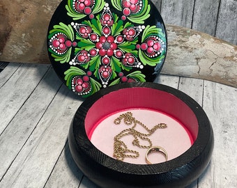 Mandala Dot Hand Painted Jewelry Box, Knick Knack Box, Trinket Box, Boho, Eclectic, Shades of Pink & Green with Metallic Zinc and White