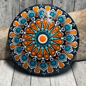 Large Mandala Handmade Art Stone, Hand Painted, Dot Art Mandala, Boho Stone,  Meditation Stone,Shades of Blues, Teals, & Orange,