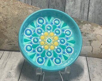 3” Hand Painted Dot Mandala Trinket or Ring Dish, Jewelry Tray, Blue, Mint Green, Yellow & White, Beach, Topical Colors, Boho Dish, Eclectic