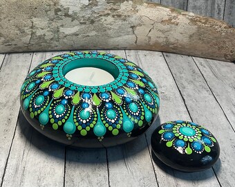 Mandala Dot Art Tea Light Holder, Hand Painted, Dot Art, Painted Rock, Shades of Teal, Aqua & Green , Boho,  Eclectic, Unique Gift