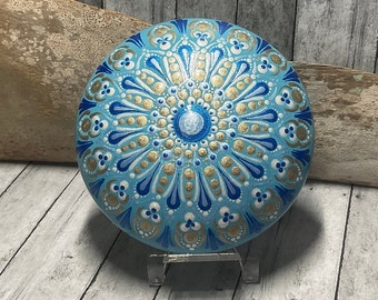 Medium Hand Painted Dot Mandala Stone, Painted Rock, Shades Blue with Gold, Meditation Stone, Paperweight, Boho Decor, Eclectic