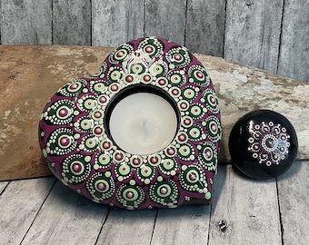 Mandala Dot Art Heart Shaped Tea Light Holder, Hand Painted, Dot Art, Painted Rock, Shades of Green & Plum with 3D Pearl Accents, Boho Decor