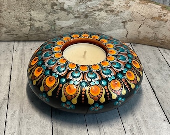 Mandala Dot Painted Tea Light Holder, Hand Painted, Dot Art, Painted Rock, Shades of Teal, Orange, Copper, Silver & Gold, Table Top Decor