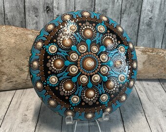 Large Mandala Stone, Hand Painted, Dot Art, Painted Rock, Boho Stone, Shades of Blues, Browns, Beige with Pearlescent 3D Top Dots