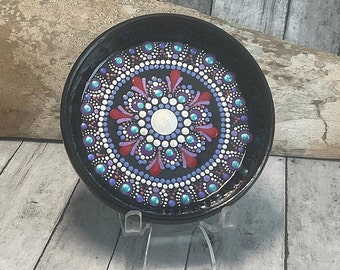 3” Hand Painted Dot Mandala Trinket|Ring Dish, Jewelry Tray, Vanity Tray, Metallic Colors, Teal, Red, Purple & White, Boho Decor, Eclectic