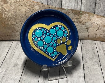 3” Hand Painted Dot Mandala Trinket or Ring Dish, Jewelry Tray, Paw Print Design, Blue & Gold,  for Dog or Cat Lover
