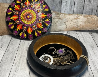 Mandala Dot Hand Painted Jewelry, Knick Knack, Trinket Box, Bali Sunset Palette, Boho, Eclectic