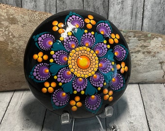 Medium Hand Painted Dot Mandala Stone, Painted Rock, Shades Orange, Teal & Purple, Meditation Stone, Paperweight, Boho Decor, Ecletic