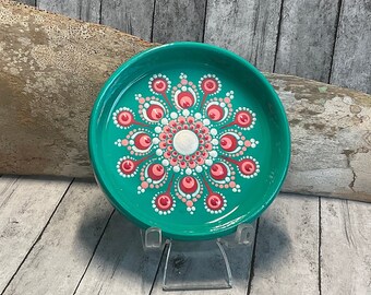 3” Hand Painted Dot Mandala Trinket or Ring Dish, Jewelry Tray, Paradise Green, Pearlized White, Cactus Flower and Wild Berry