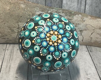 Dome Style Mandala Stone, Hand Painted, Dot Art, Painted Rock, Shades of Blues, Greens, Yellow & White, Paperweight, Boho Stone, Eclectic