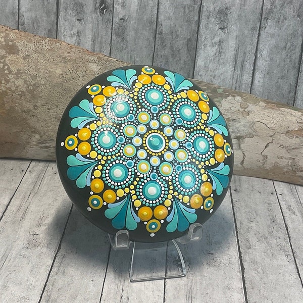 Medium Hand Painted Dot Mandala Stone, Painted Rock, Shades Yellow, Teal & Blue, Paperweight, Boho Stone, Eclectic Home Decor, Paperweight