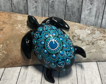 Sea Turtle Mandala Stone Figurine, Hand Painted, Dot Art, Painted Rock,  Shades of Tropical CluesWith White Pearl Highlights, Eclectic