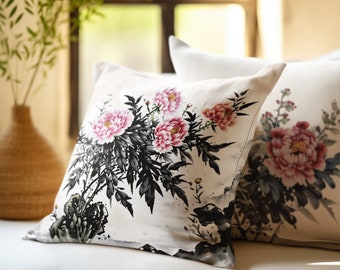 Coussin décoratif floral, Décoration d'intérieur cottage, Fleurs de jardin, Taie d'oreiller colorée, Oreiller en polyester filé
