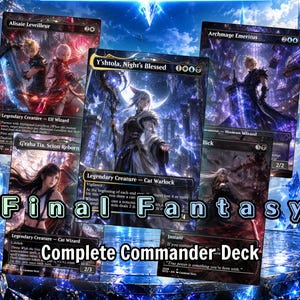 May include: A collection of Final Fantasy trading cards featuring characters like Y'shtola, Night's Blessed, Alisaie Leveilleur, and Archmage Emeritus. The cards display dark, magical artwork with text overlays, set against a blue, crystalline background.