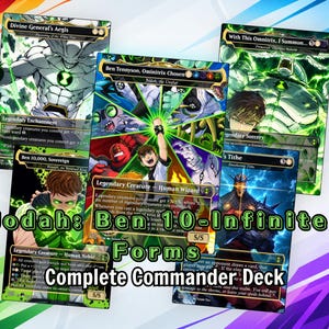 May include: A collection of five custom trading cards featuring Ben 10 characters and themes, with text including Divine General's Aegis, With This Omnitrix, I Summon, Ben 10,000, Sovereign, Ben Tennyson, Ominitrix Chosen, and Jodah: Ben 10-Infinite Forms.