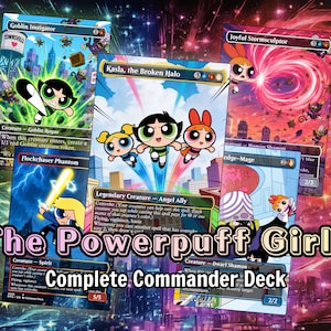 May include: A collection of Magic: The Gathering trading cards featuring The Powerpuff Girls characters. The cards include Kasla, the Broken Halo, Goblin Instigator, Joyful Stormsculptor, and Flockchaser Phantom, all displaying colorful illustrations and game text.