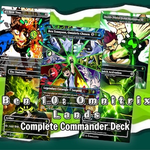 May include: A collection of five Ben 10 themed trading cards featuring vibrant green energy effects, character illustrations, and game text. The cards are arranged in a cluster with the text Ben 10: Omnitrix Lands Complete Commander Deck.