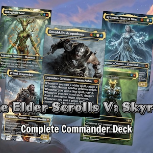 May include: A collection of five fantasy trading cards featuring illustrations of characters and creatures, with the text The Elder-Scrolls V: Skyrim Complete Commander Deck overlaid in the center. The cards display various colors, symbols, and text.