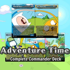 May include: A collection of five Adventure Time themed trading cards featuring Finn, Boy Hero and Jake, Magic Dog. The cards display colorful cartoon illustrations of characters in a grassy landscape with text overlays and the title Adventure Time Complete Commander Deck.