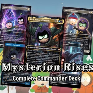 May include: A collection of five Magic: The Gathering trading cards featuring South Park characters, including Tivit, Seller of Secrets, Eldrazi Displacer, and Felidar Guardian. The cards are arranged in a cluster with the text Mysterion Rises Complete Commander Deck.