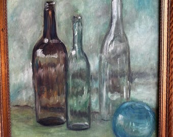 Vintage Still Life with Bottles, Oil Painting, Mid Century Study in Blues and Greens