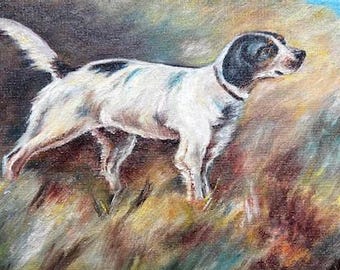 Pointer Dog in a Field, original oil painting signed by artist, Mid Century Amateur Art, oil on board