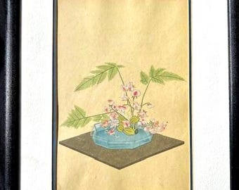 Japanese Lithograph of Sweet Peas and Ferns, engraved, ikebana, framed