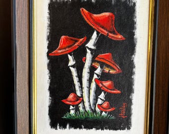 Mid Century Modern Mushroom Painting, Red Caps, original oil, 1970's